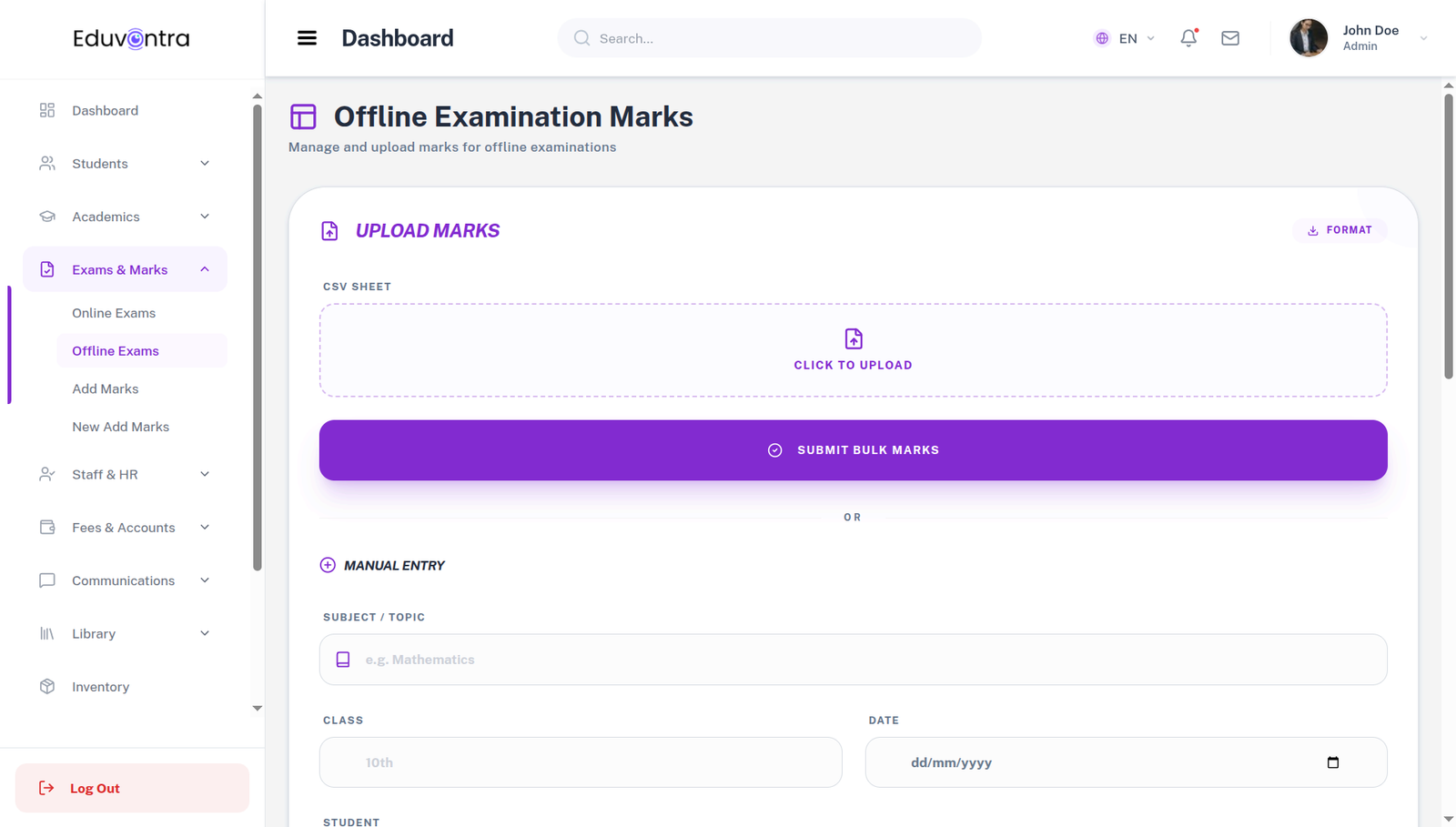 Eduvontra Exam Management and Report Card Generation Interface