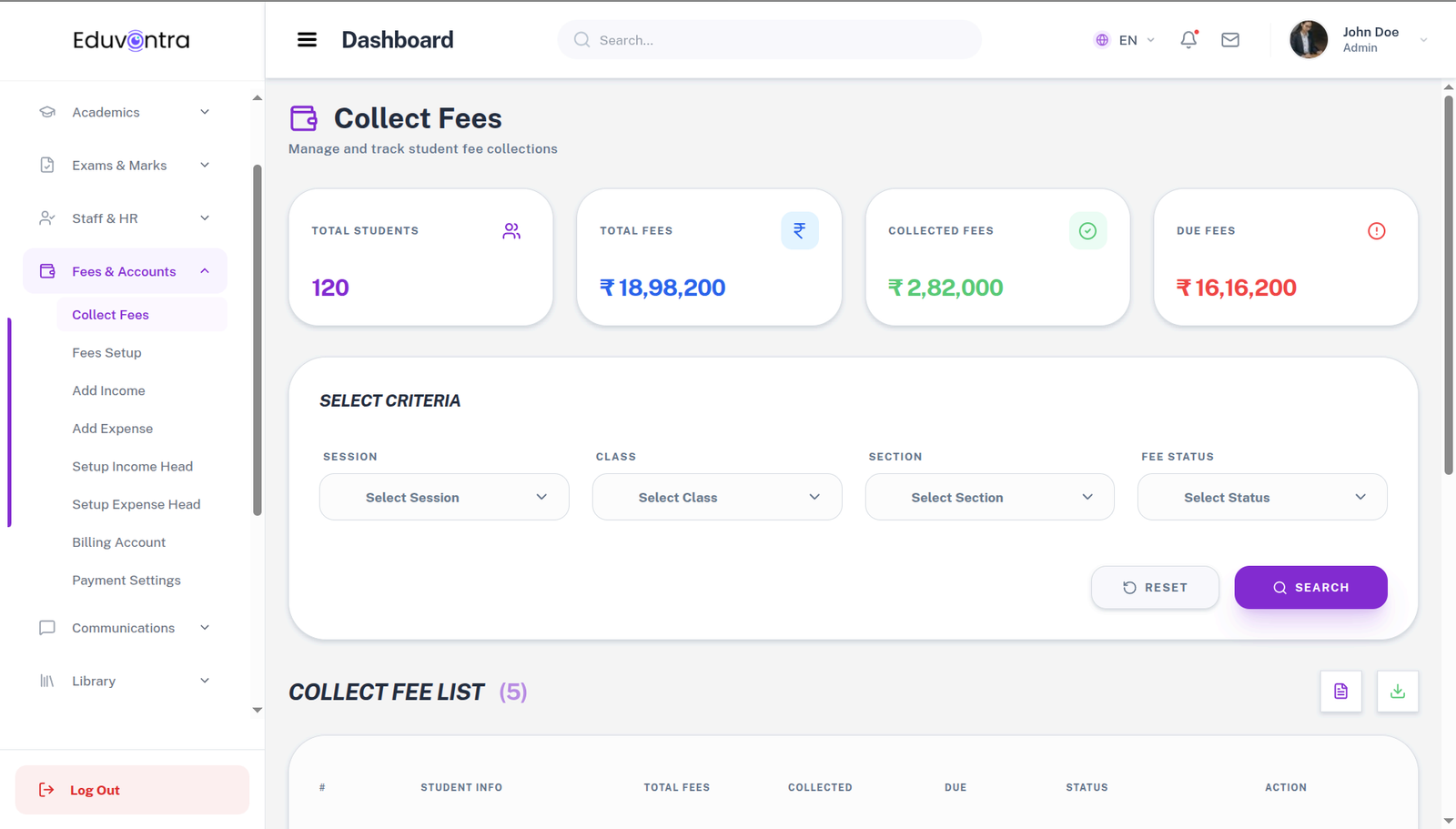 Eduvontra Automated Fee Collection and Invoicing Interface