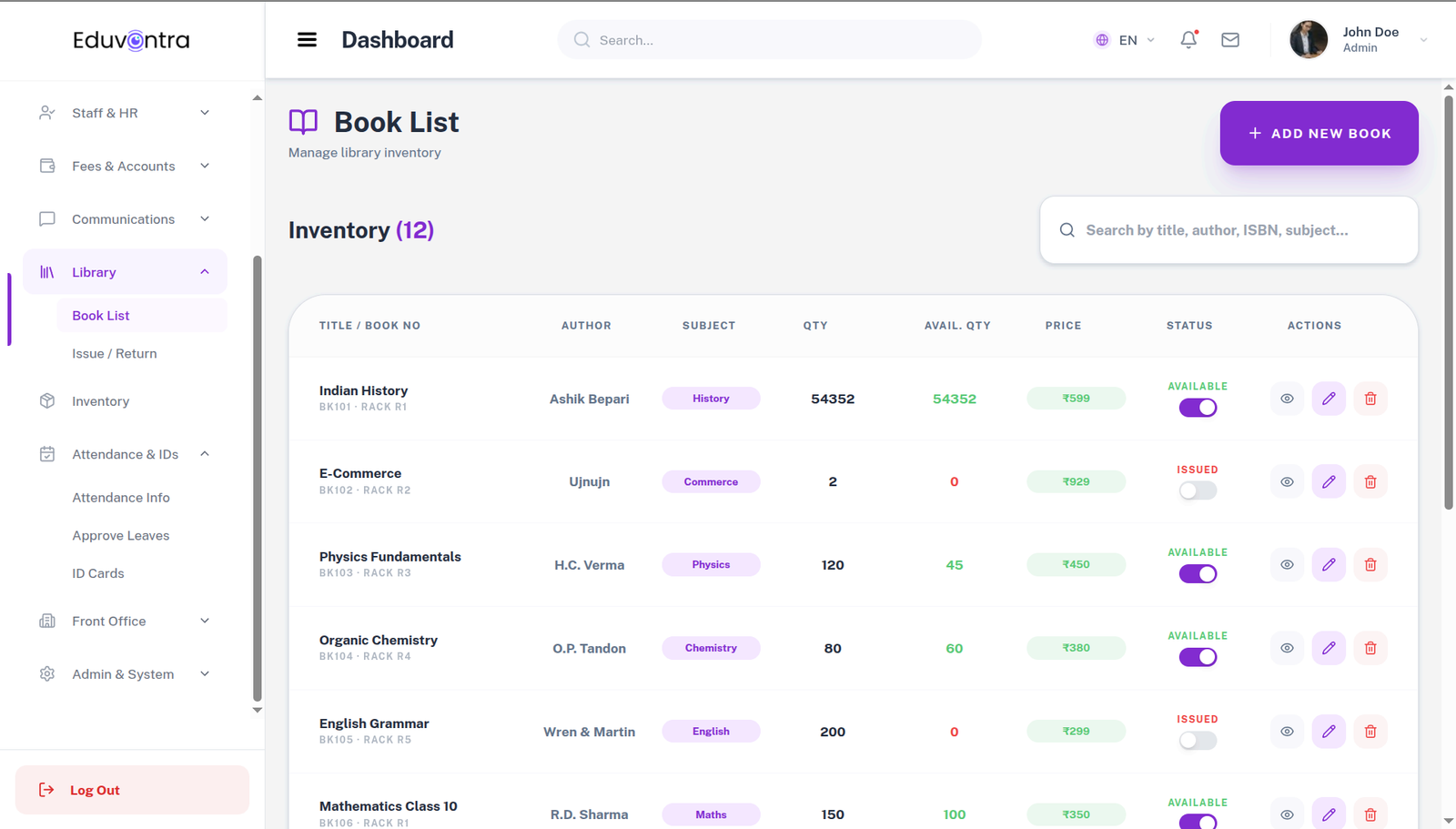 Eduvontra Digital Library and Book Management Interface