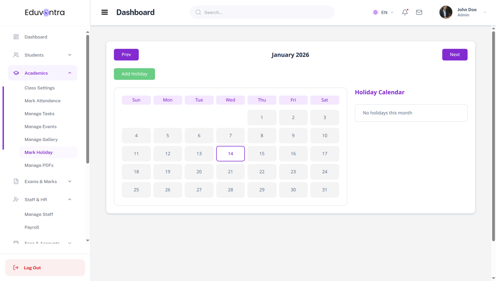 Eduvontra School Calendar and Holiday Management Interface