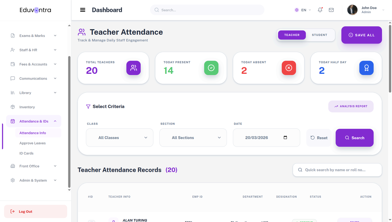 Eduvontra Digital Student Attendance Tracking Module Interface